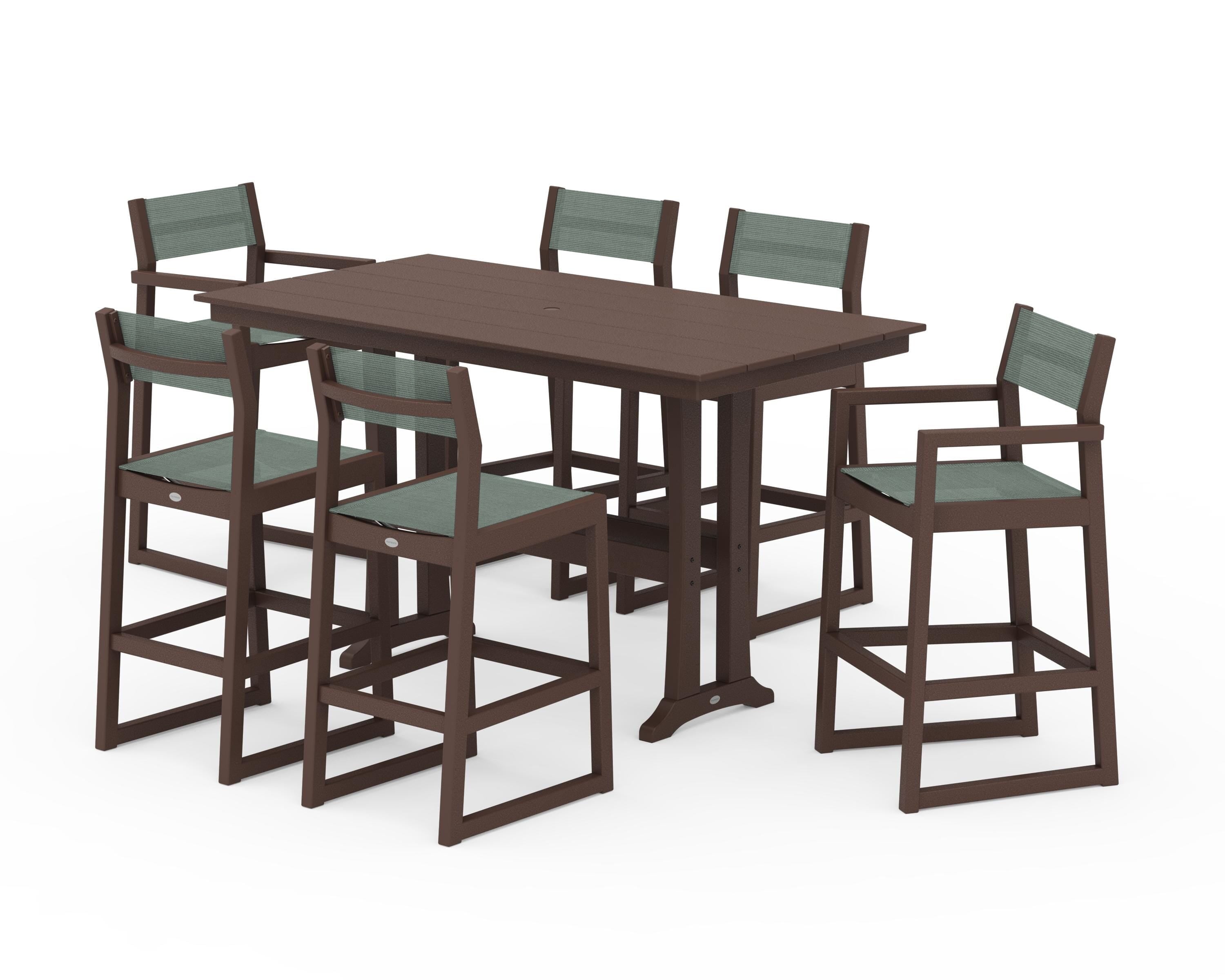 POLYWOOD® EDGE Sling 7-Piece Farmhouse Bar Set with Trestle Legs in Mahogany / Dupioni Sea Mist Sling