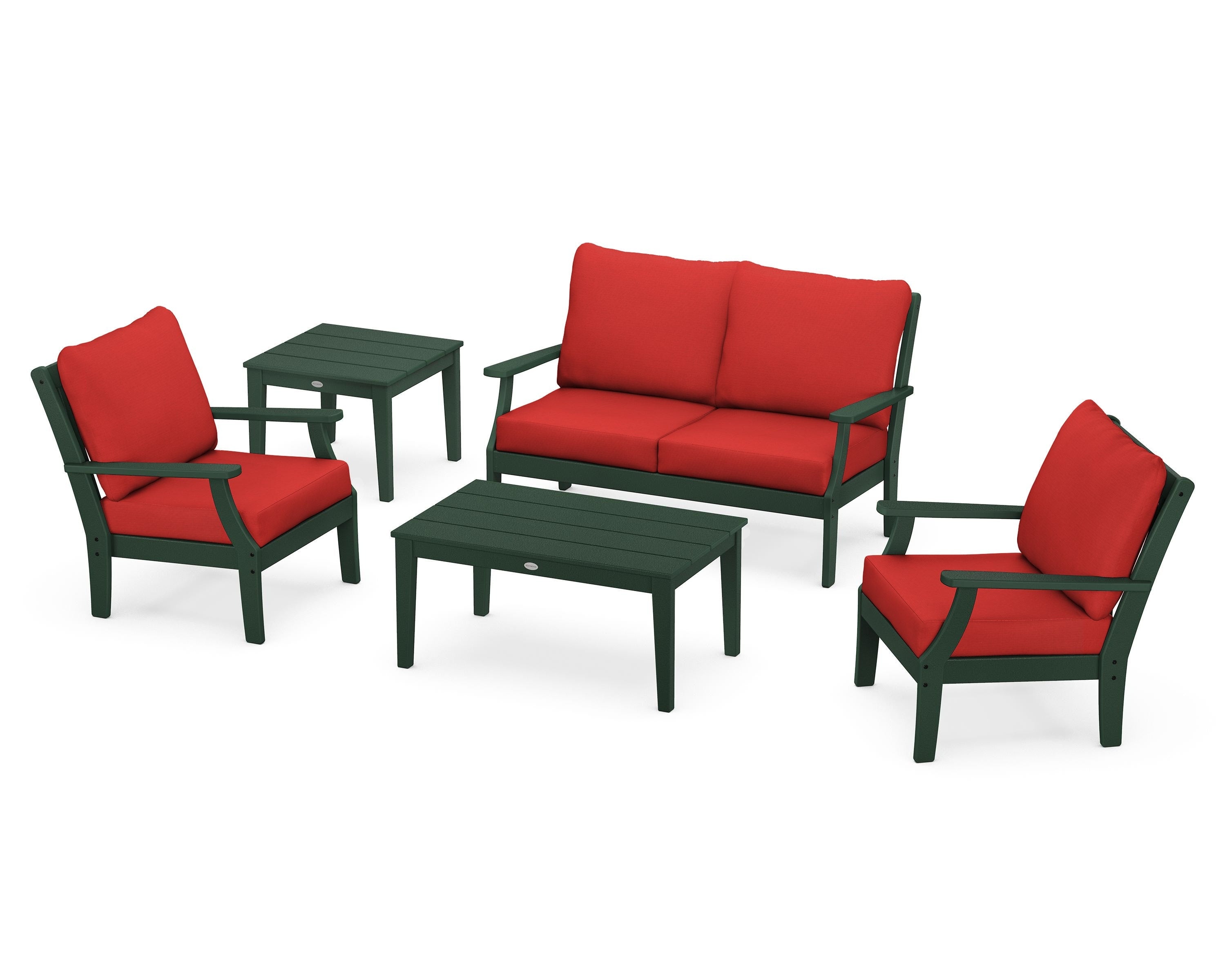 POLYWOOD® Braxton 5-Piece Deep Seating Set in Green / Crimson Linen