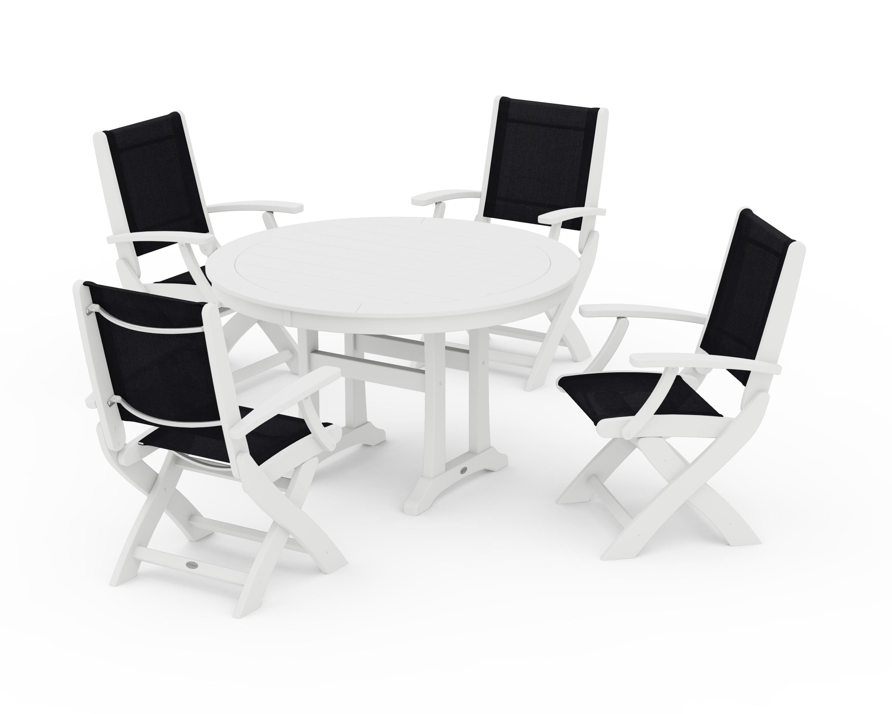 POLYWOOD® Coastal Folding Chair 5-Piece Round Dining Set with Trestle Legs in White / Black Sling