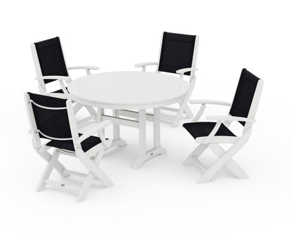 POLYWOOD® Coastal Folding Chair 5-Piece Round Dining Set with Trestle Legs in White / Black Sling