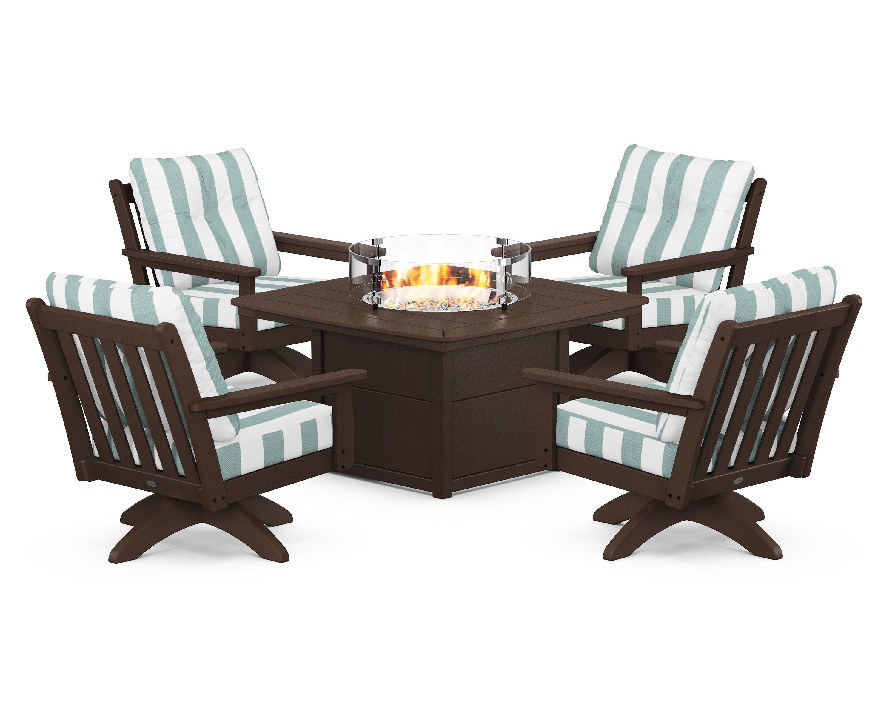 POLYWOOD® Vineyard 5-Piece Deep Seating Swivel Conversation Set with Fire Pit Table in Mahogany / Cabana Stripe Glacier Spa