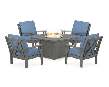 POLYWOOD® Braxton 5-Piece Deep Seating Conversation Set with Fire Pit Table in Slate Grey / Sky Blue