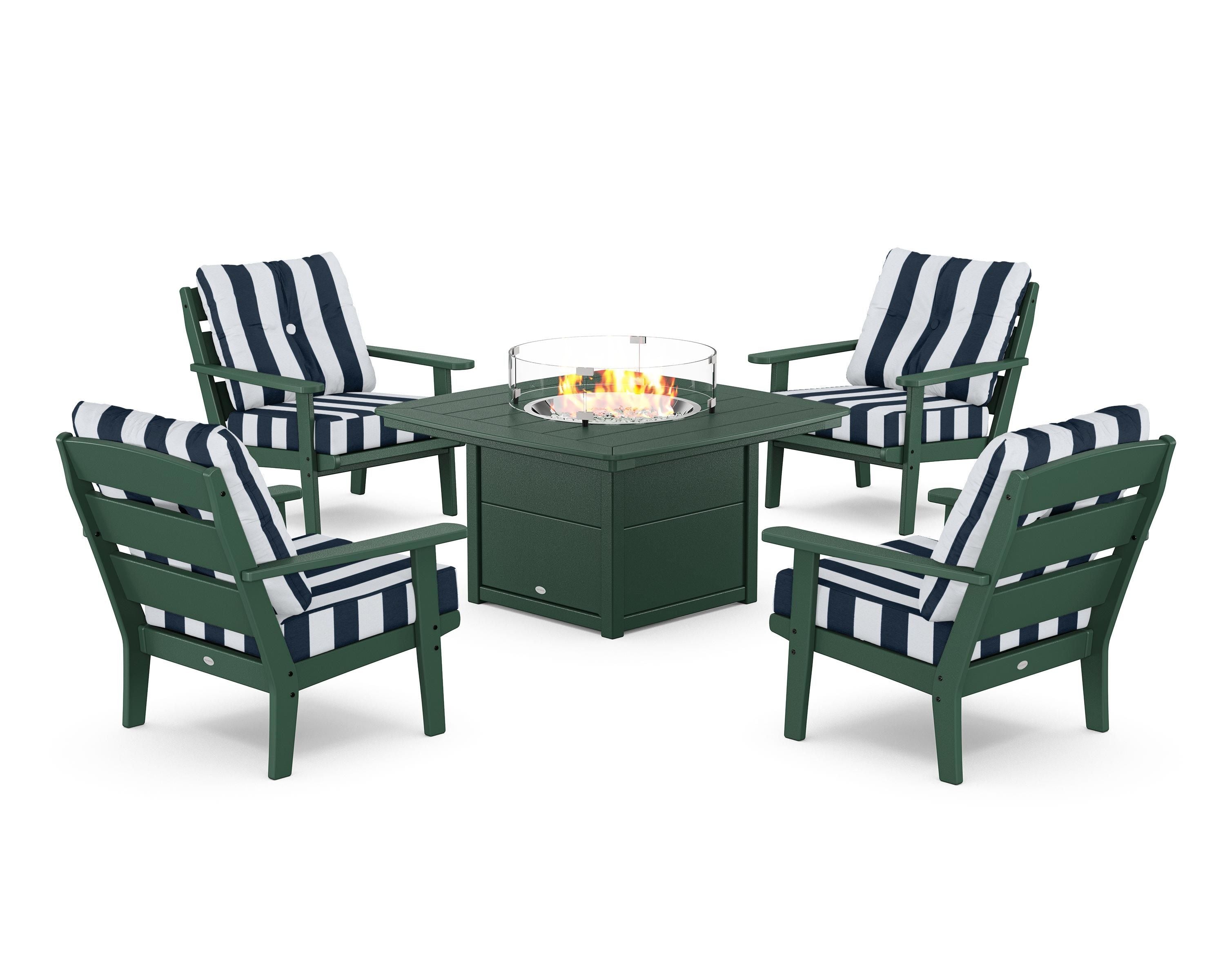 POLYWOOD® Lakeside 5-Piece Deep Seating Set with Nautical Fire Pit Table in Green / Cabana Stripe Marine Indigo