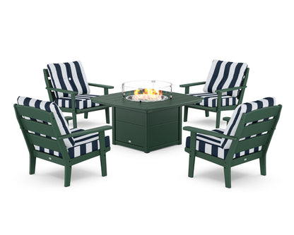POLYWOOD® Lakeside 5-Piece Deep Seating Set with Nautical Fire Pit Table in Green / Cabana Stripe Marine Indigo