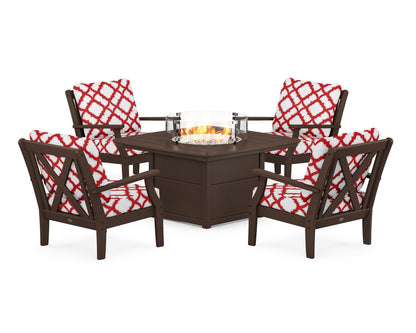 POLYWOOD® Braxton 5-Piece Deep Seating Conversation Set with Fire Pit Table in Mahogany / Trellis Crimson