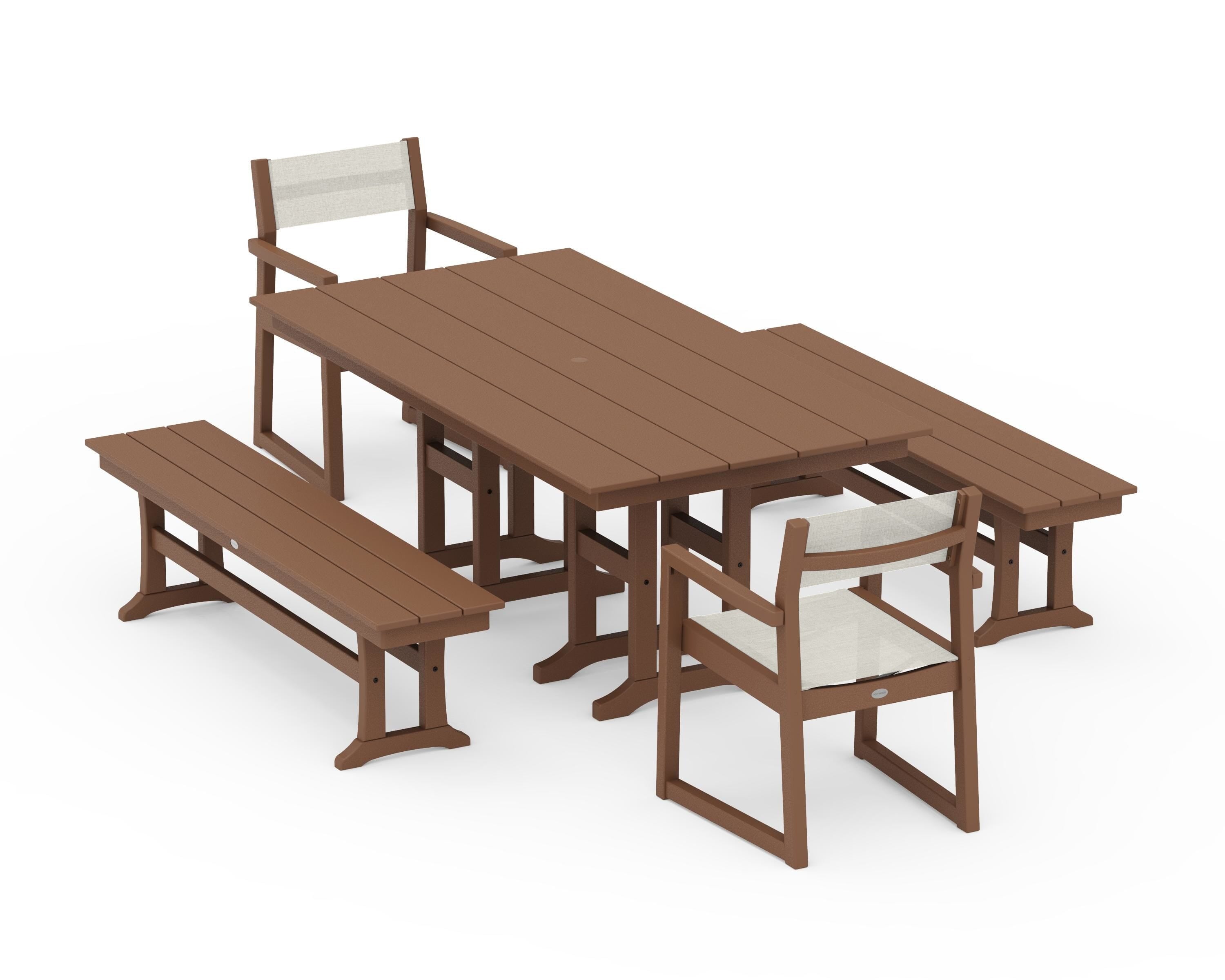POLYWOOD® EDGE Sling Arm Chair 5-Piece Farmhouse Dining Set with Benches in Teak / Parchment Sling