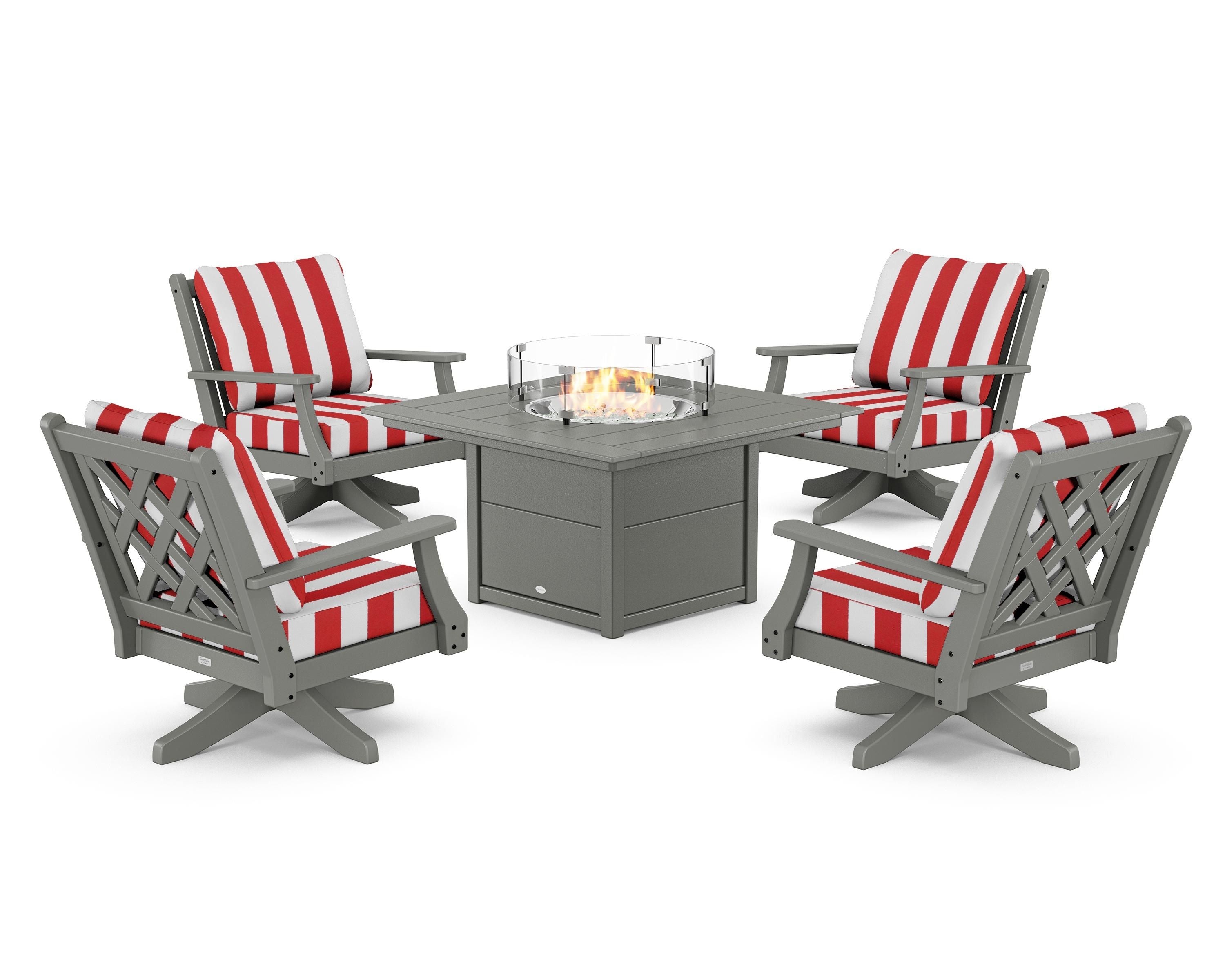 Country Living Wovendale 5-Piece Deep Seating Swivel Conversation Set with Fire Pit Table in Slate Grey / Cabana Stripe Crimson