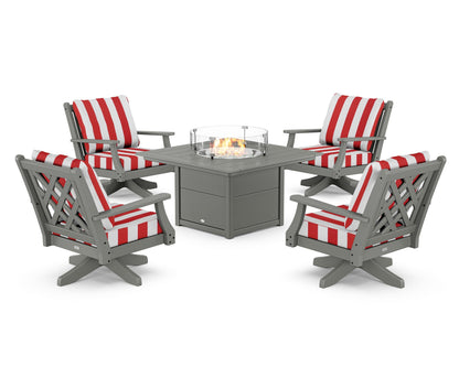 Country Living Wovendale 5-Piece Deep Seating Swivel Conversation Set with Fire Pit Table in Slate Grey / Cabana Stripe Crimson