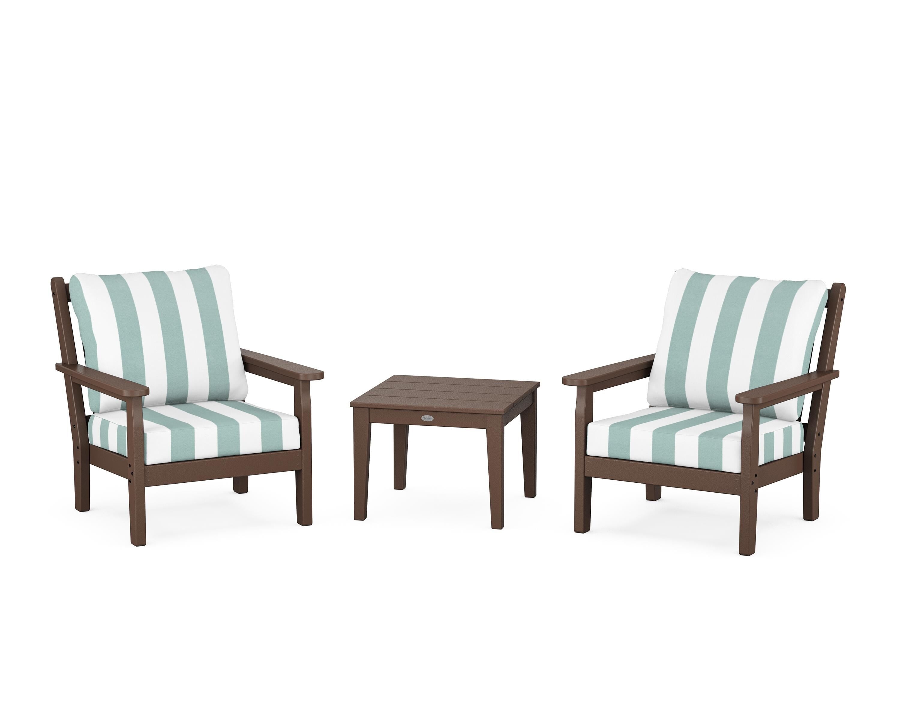 POLYWOOD® Chippendale 3-Piece Deep Seating Set in Mahogany / Cabana Stripe Glacier Spa