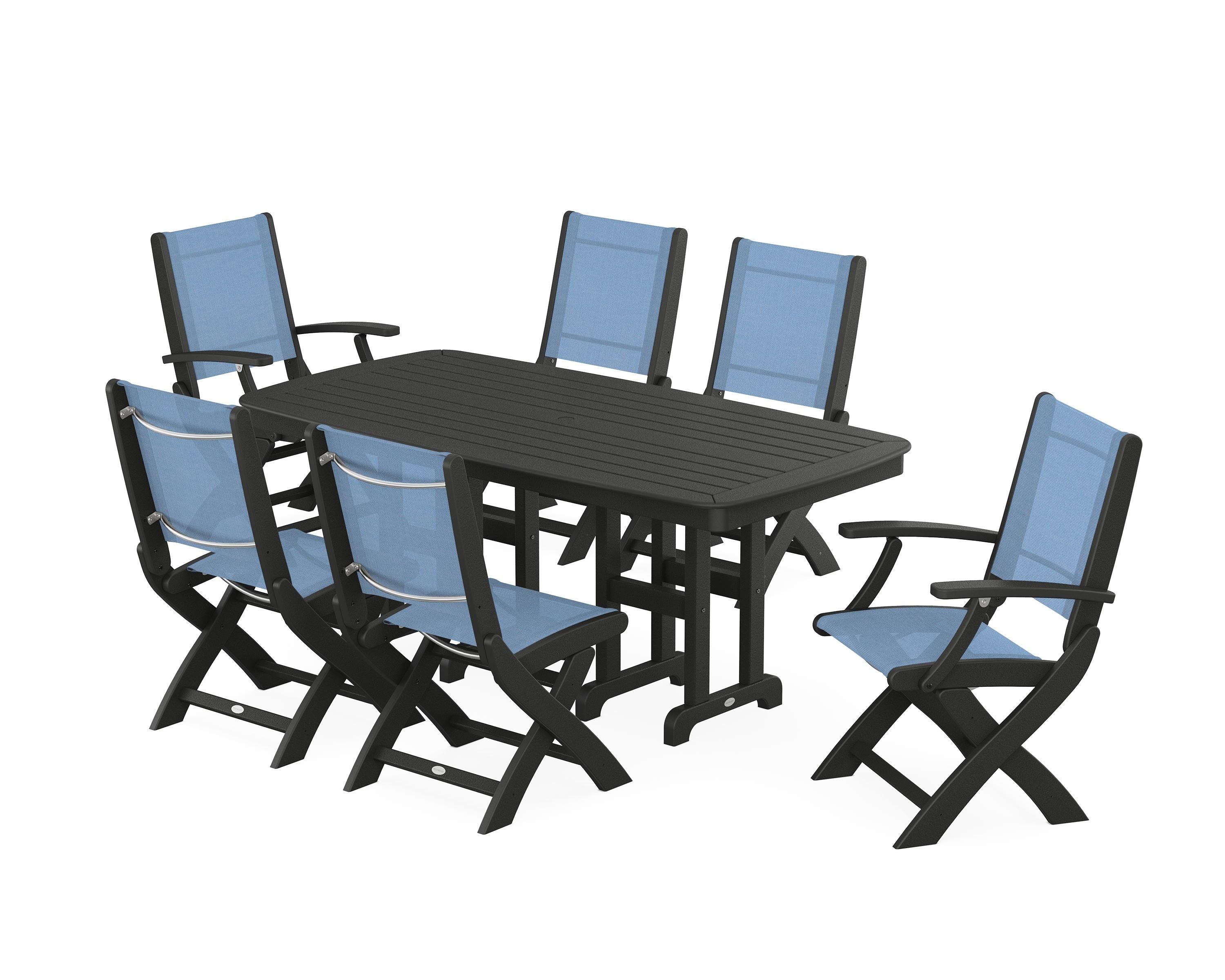 POLYWOOD® Coastal Folding Chair 7-Piece Dining Set in Black / Poolside Sling