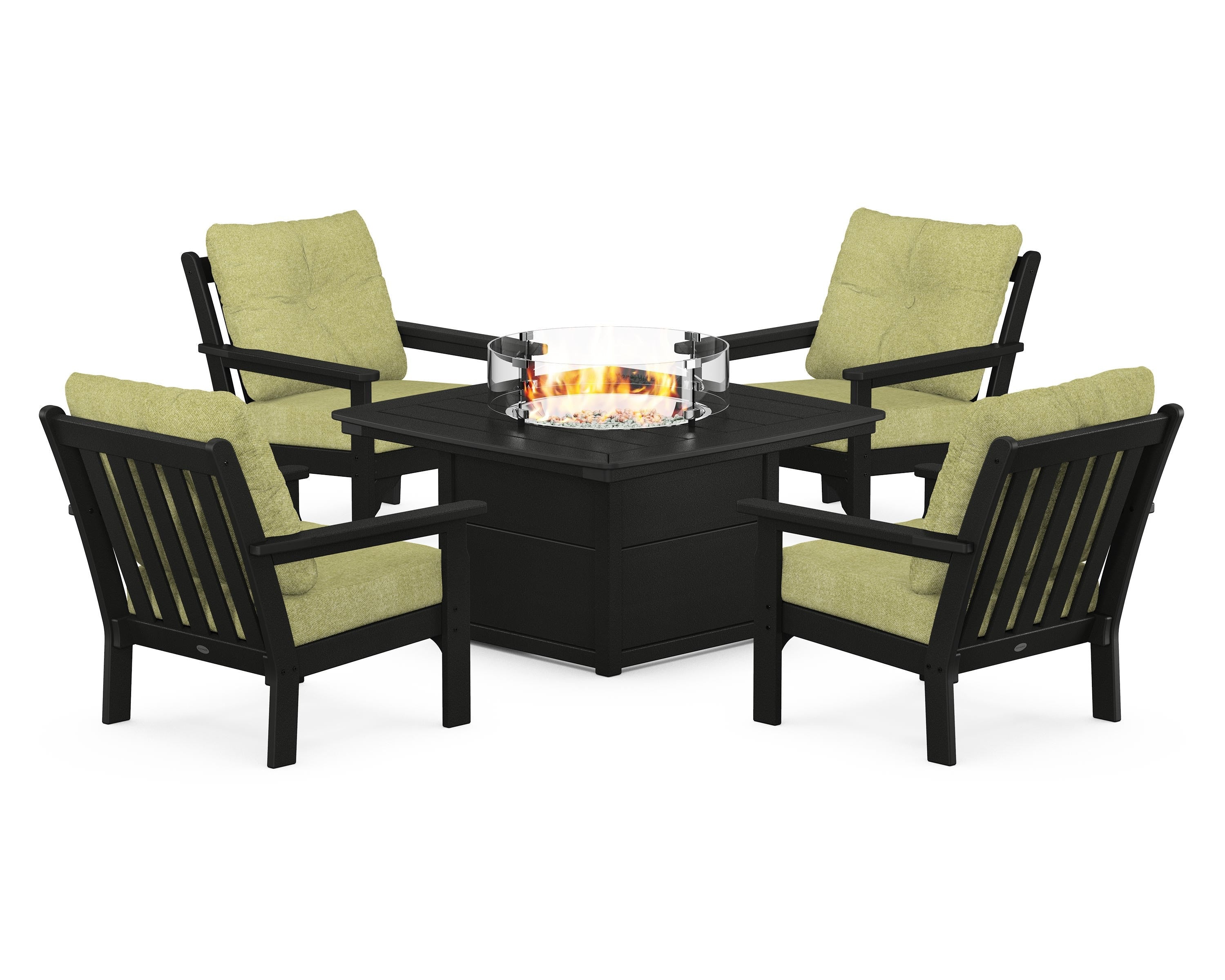 POLYWOOD® Vineyard 5-Piece Conversation Set with Fire Pit Table in Black / Chartreuse Boucle