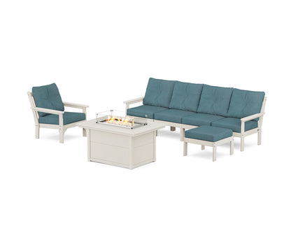 POLYWOOD® Vineyard Sectional Lounge and Fire Pit Set in Sand / Ocean Teal