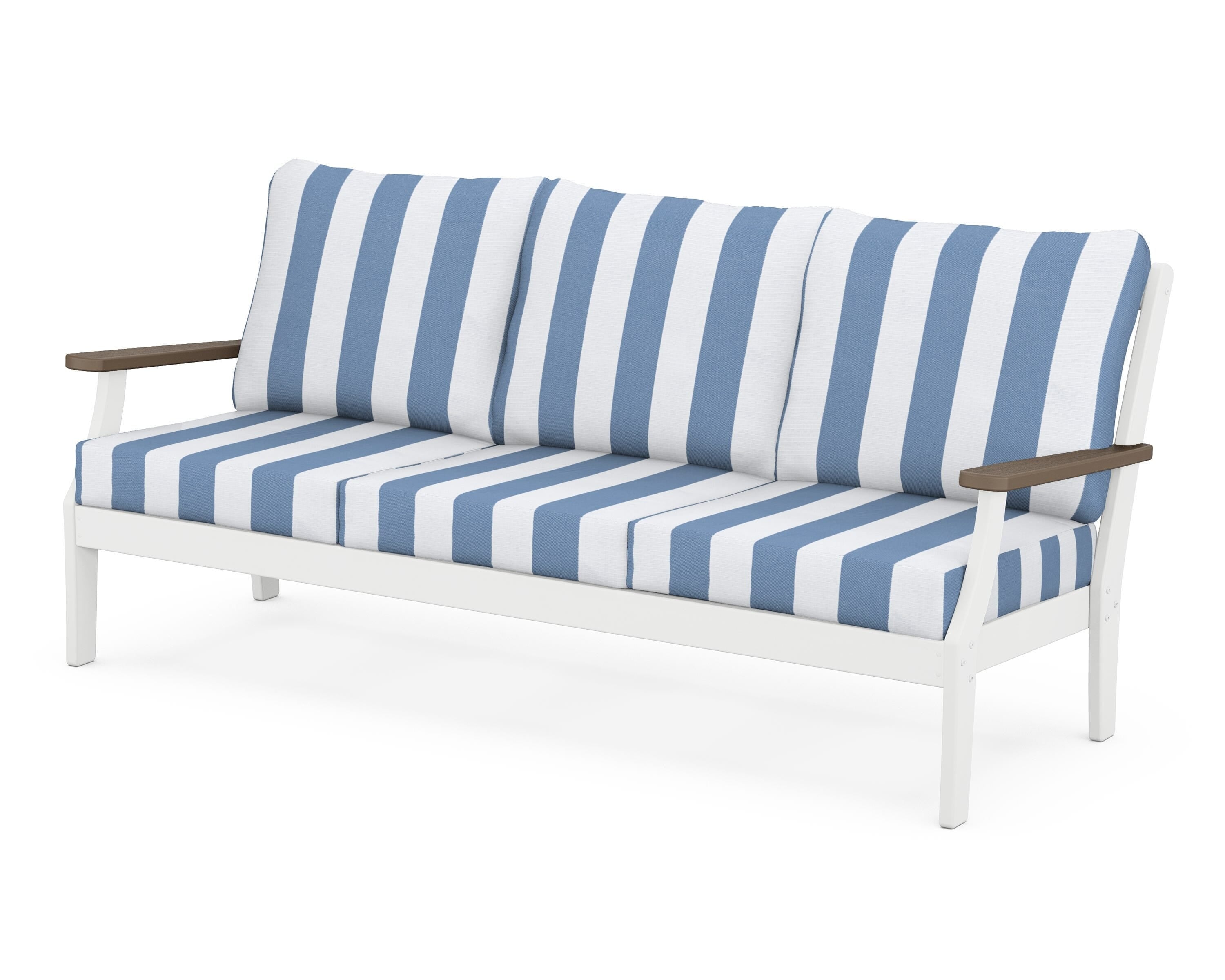 POLYWOOD® Braxton Deep Seating Sofa in White / Kona / Cabana Stripe Sky Blue