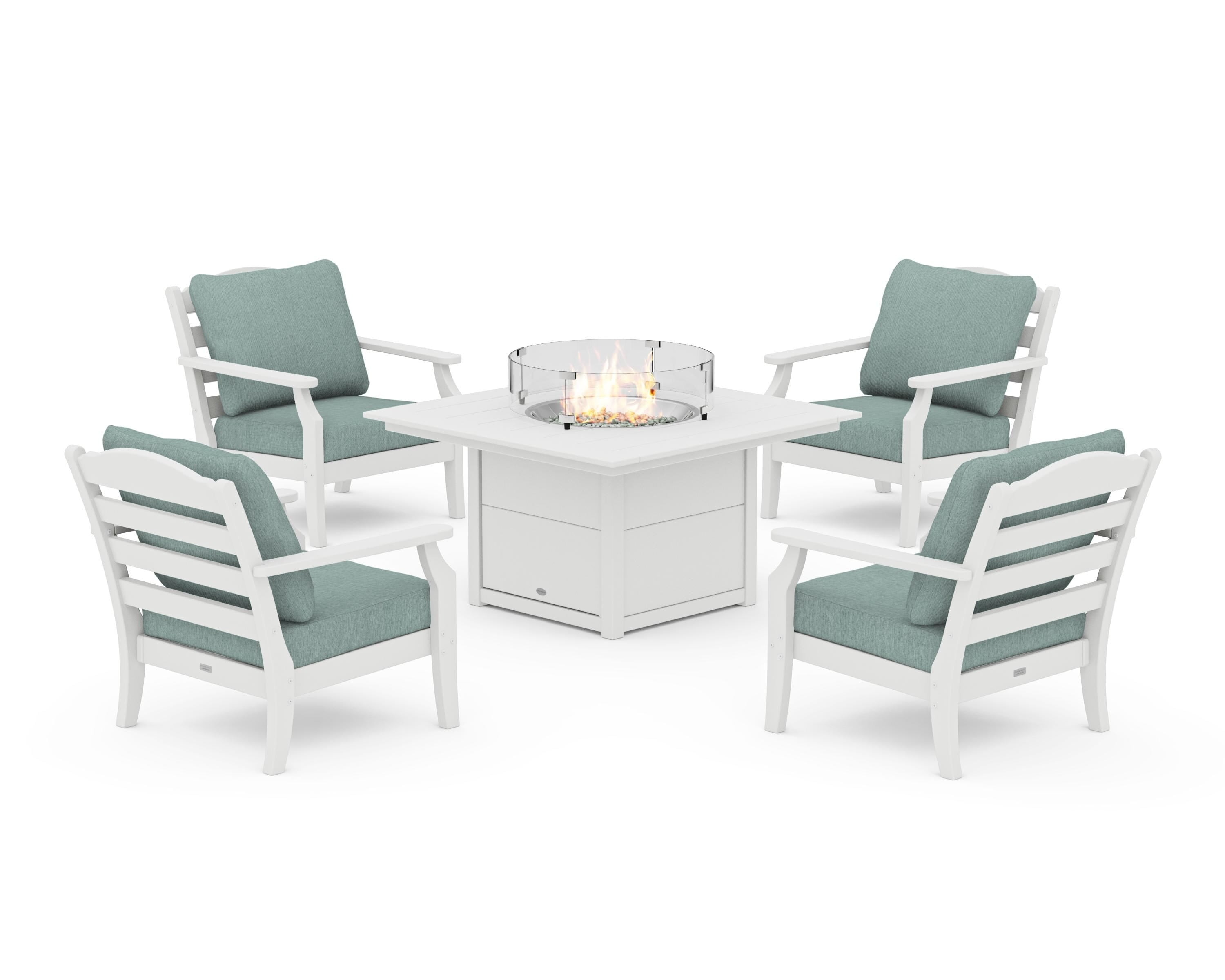 Draper James™ by  POLYWOOD® Savannah 5-Piece Deep Seating Set with Fire Pit Table in White / Glacier Spa