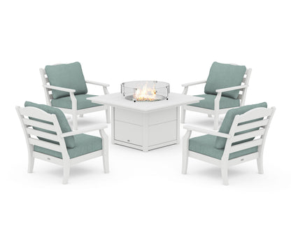 Draper James™ by  POLYWOOD® Savannah 5-Piece Deep Seating Set with Fire Pit Table in White / Glacier Spa