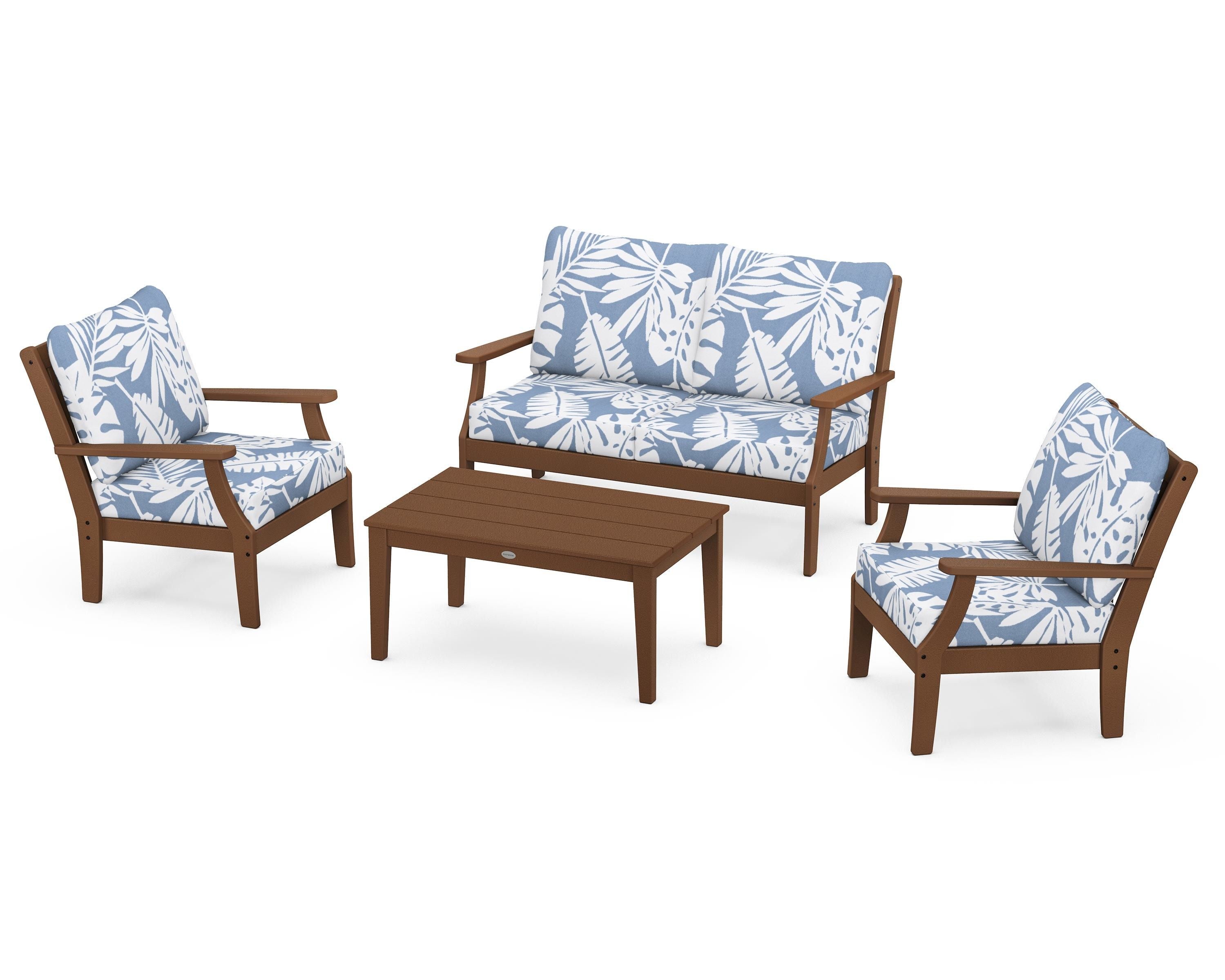 POLYWOOD® Braxton 4-Piece Deep Seating Chair Set in Teak / Leaf Sky Blue