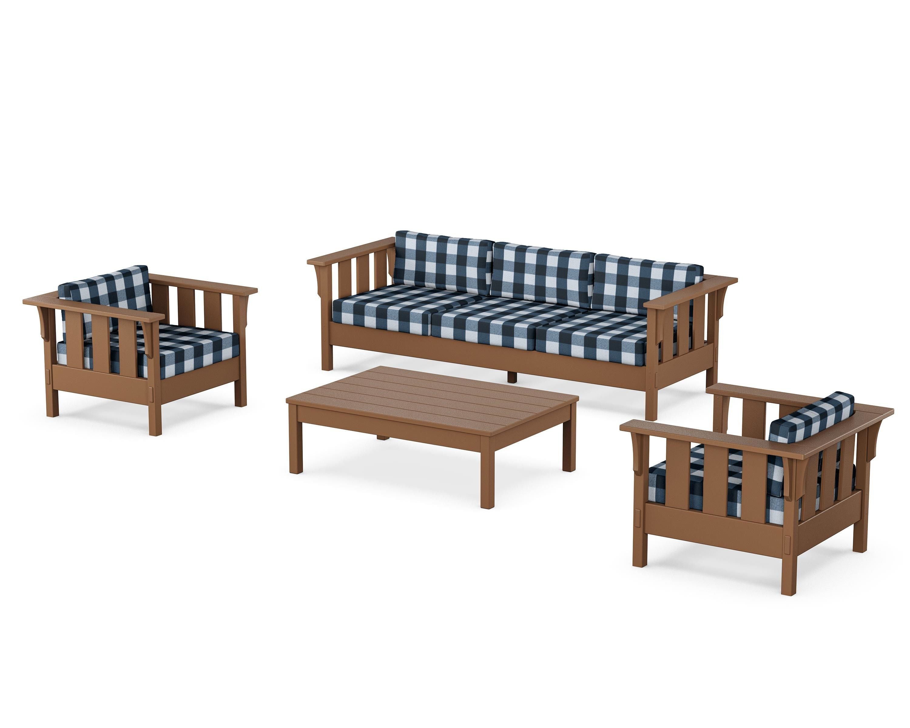 Martha Stewart by POLYWOOD® Acadia 4-Piece Deep Seating Set with Sofa in Teak / Buffalo Plaid Marine Indigo