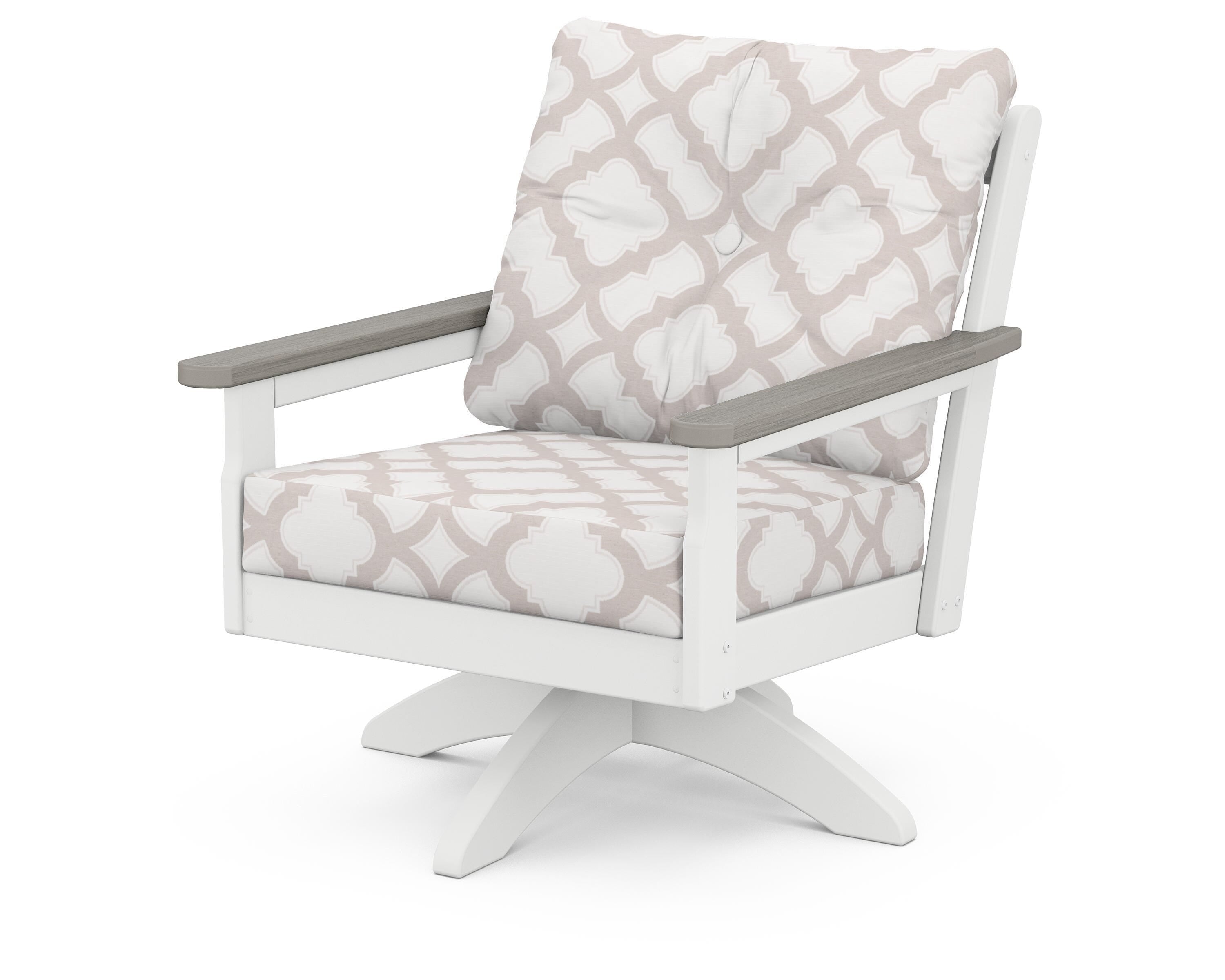 POLYWOOD® Vineyard Deep Seating Swivel Chair in White / Driftwood / Trellis Dune Burlap