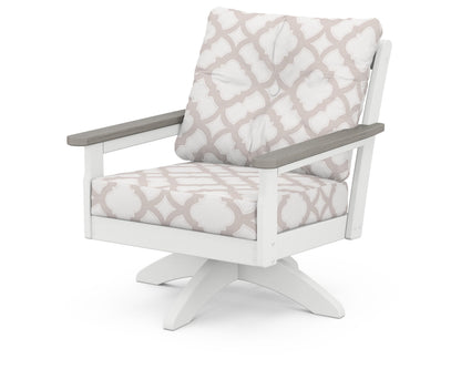 POLYWOOD® Vineyard Deep Seating Swivel Chair in White / Driftwood / Trellis Dune Burlap