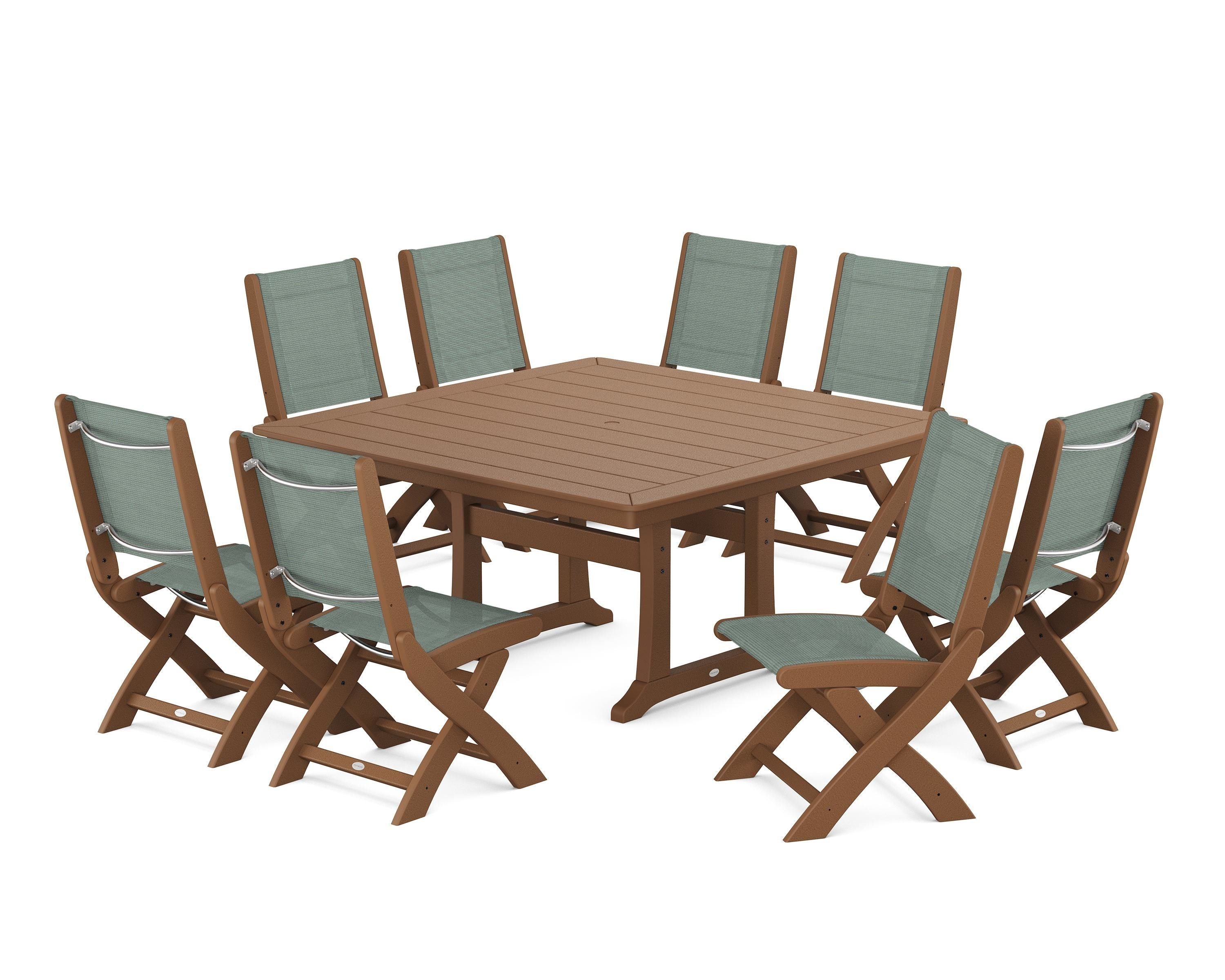 POLYWOOD® Coastal Folding Side Chair 9-Piece Dining Set with Trestle Legs in Teak / Dupioni Sea Mist Sling