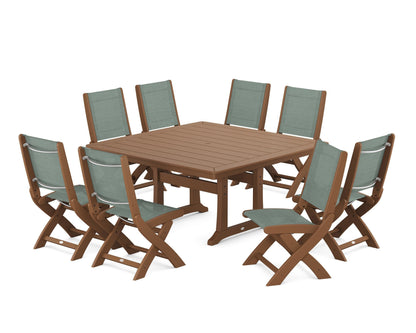 POLYWOOD® Coastal Folding Side Chair 9-Piece Dining Set with Trestle Legs in Teak / Dupioni Sea Mist Sling
