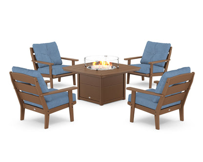 POLYWOOD® Lakeside 5-Piece Deep Seating Set with Nautical Fire Pit Table in Teak / Sky Blue