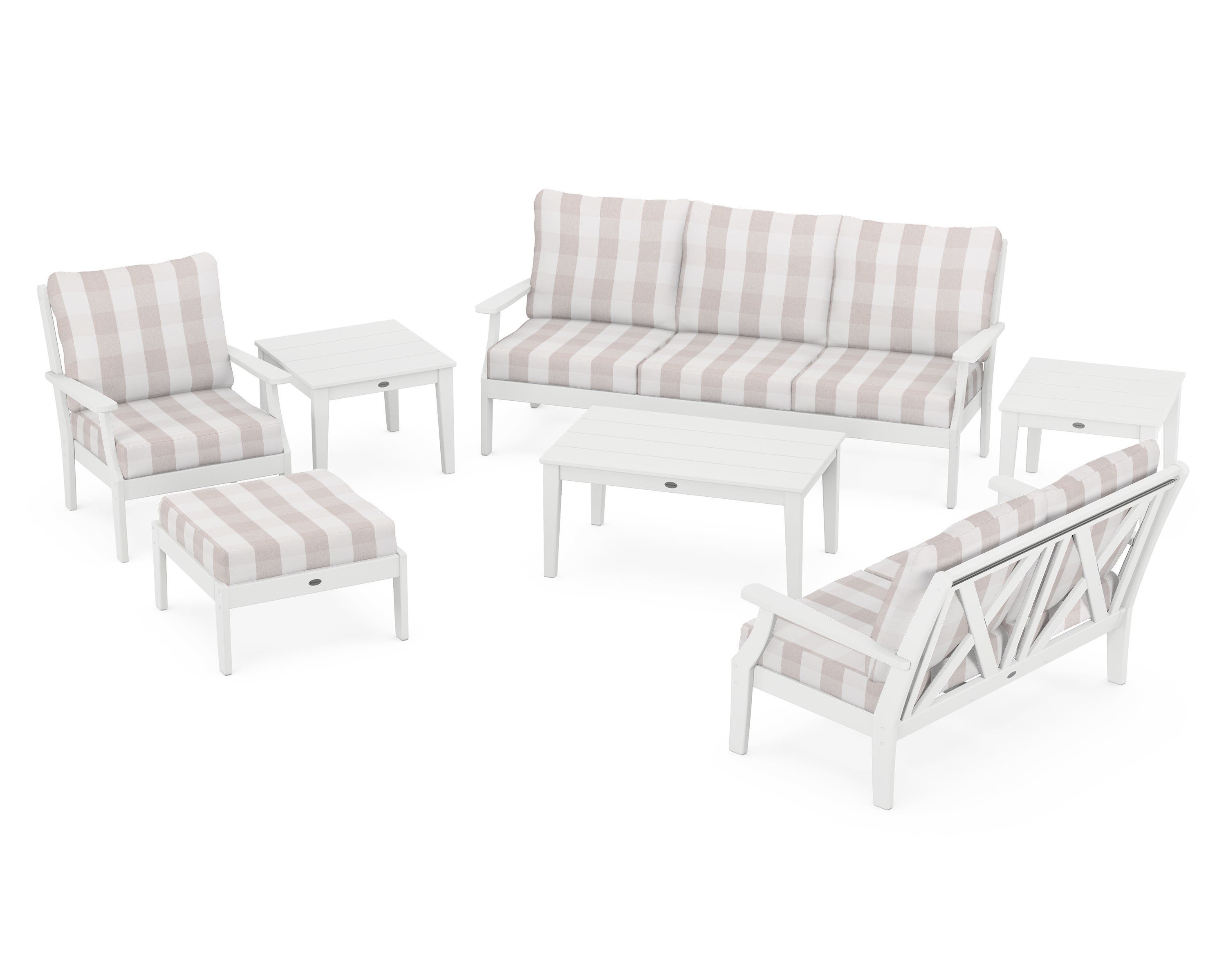 POLYWOOD® Braxton 7-Piece Deep Seating Set in White / Buffalo Plaid Dune Burlap