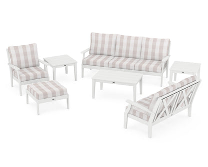 POLYWOOD® Braxton 7-Piece Deep Seating Set in White / Buffalo Plaid Dune Burlap