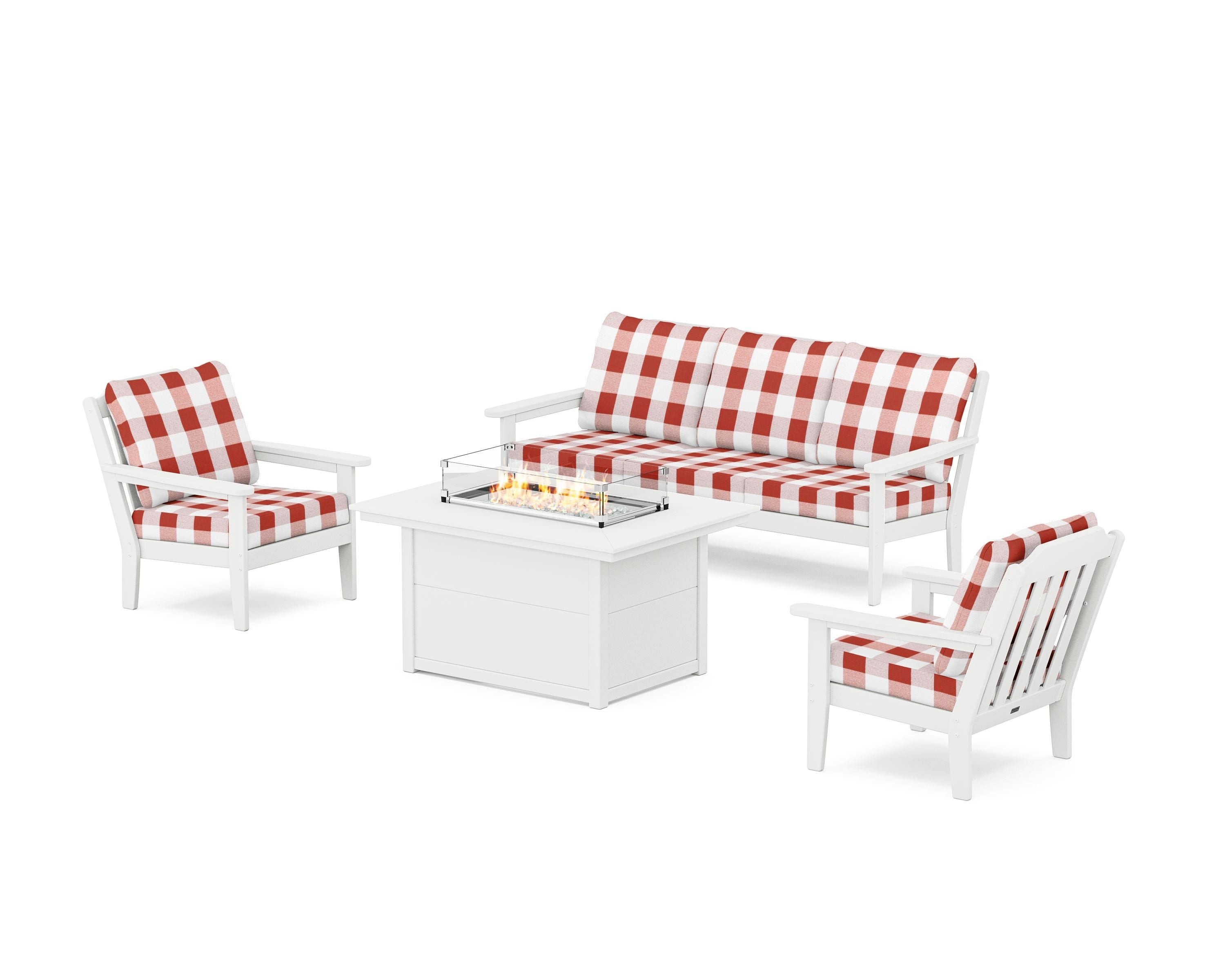 Country Living Cottage Deep Seating Fire Pit Table Set in White / Buffalo Plaid Crimson
