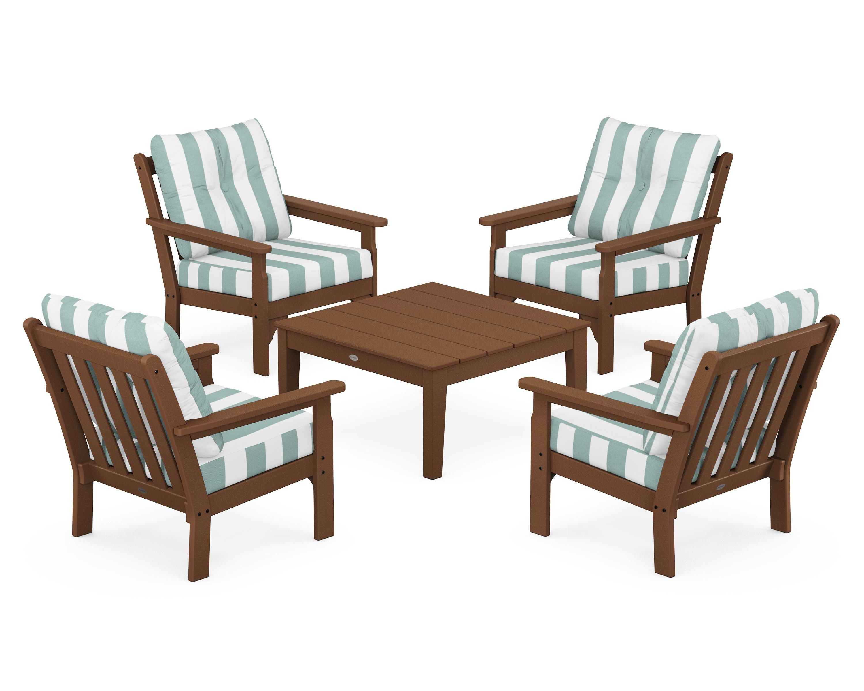 POLYWOOD® Vineyard 5-Piece Deep Seating Conversation Set in Teak / Cabana Stripe Glacier Spa