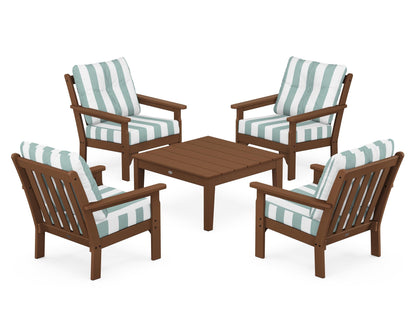 POLYWOOD® Vineyard 5-Piece Deep Seating Conversation Set in Teak / Cabana Stripe Glacier Spa