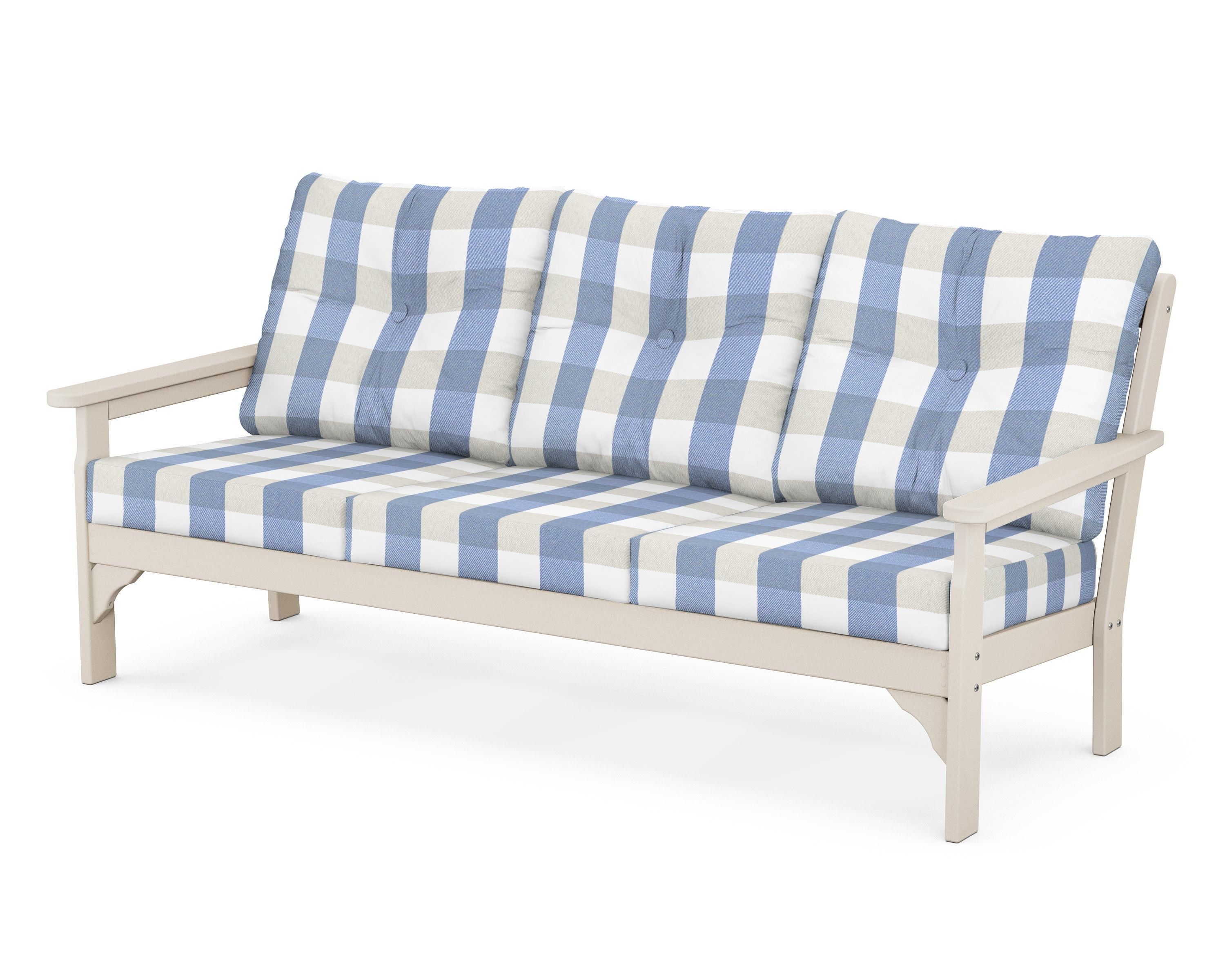 POLYWOOD® Vineyard Deep Seating Sofa in Sand / Buffalo Plaid Sky Blue
