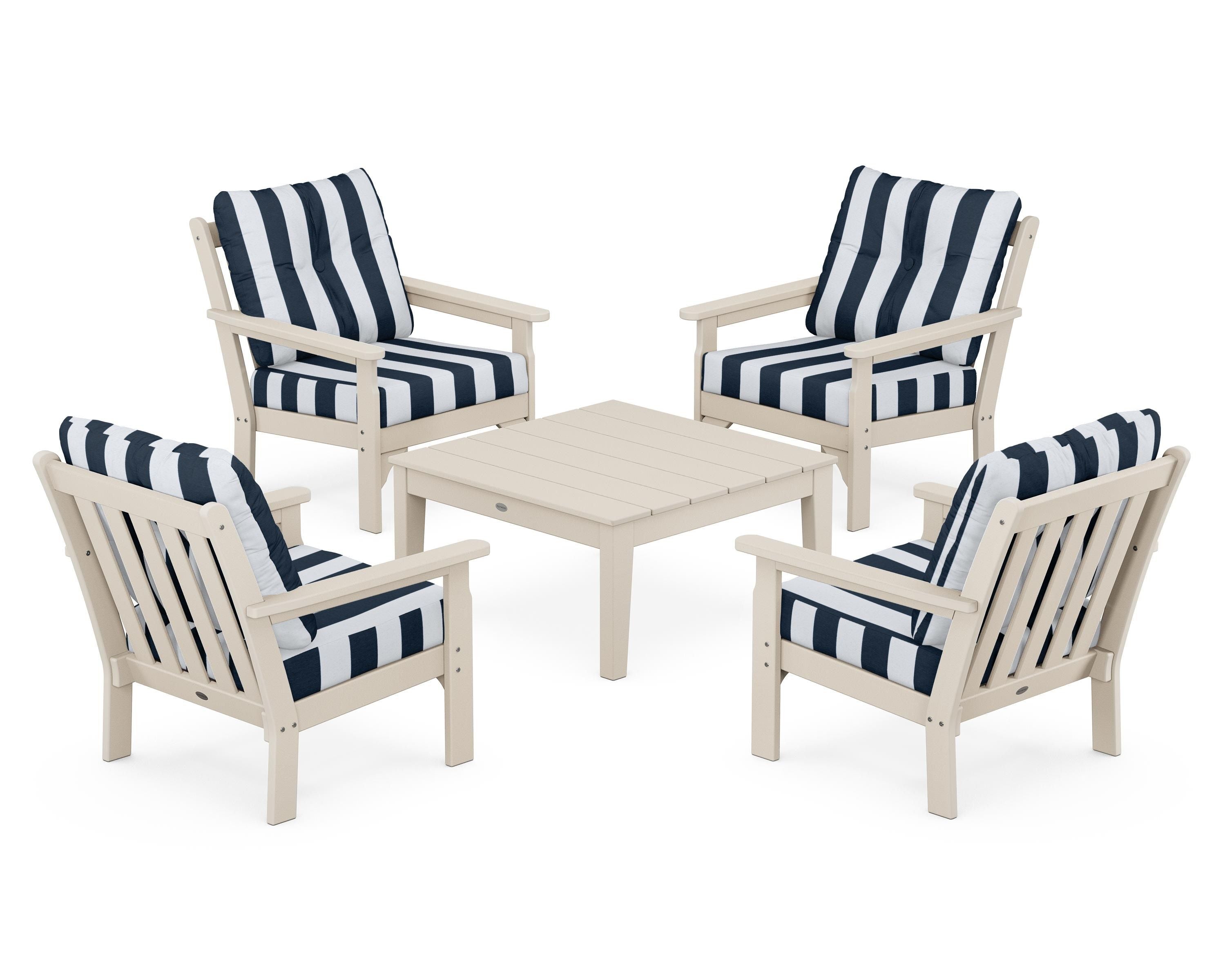 POLYWOOD® Vineyard 5-Piece Deep Seating Conversation Set in Sand / Cabana Stripe Marine Indigo