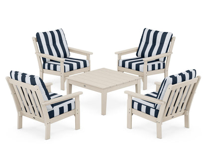 POLYWOOD® Vineyard 5-Piece Deep Seating Conversation Set in Sand / Cabana Stripe Marine Indigo