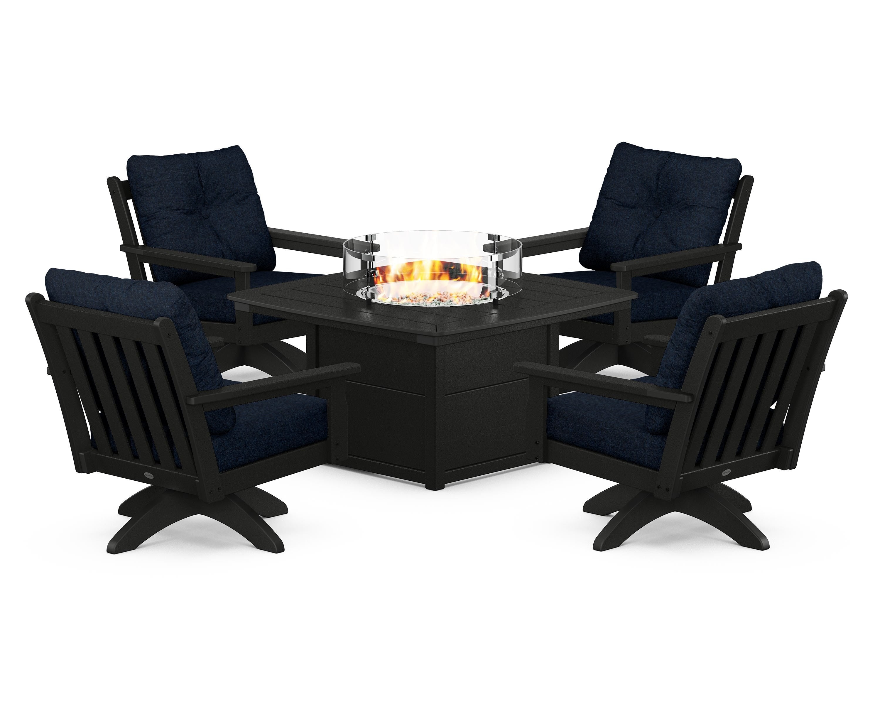 POLYWOOD® Vineyard 5-Piece Deep Seating Swivel Conversation Set with Fire Pit Table in Black / Marine Indigo
