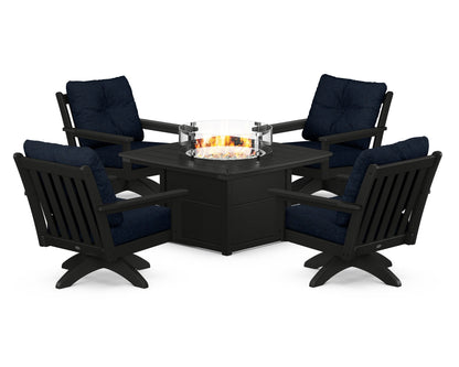 POLYWOOD® Vineyard 5-Piece Deep Seating Swivel Conversation Set with Fire Pit Table in Black / Marine Indigo