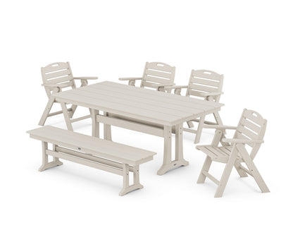 POLYWOOD® Nautical Lowback 6-Piece Farmhouse Dining Set with Trestle Legs and Bench in Sand