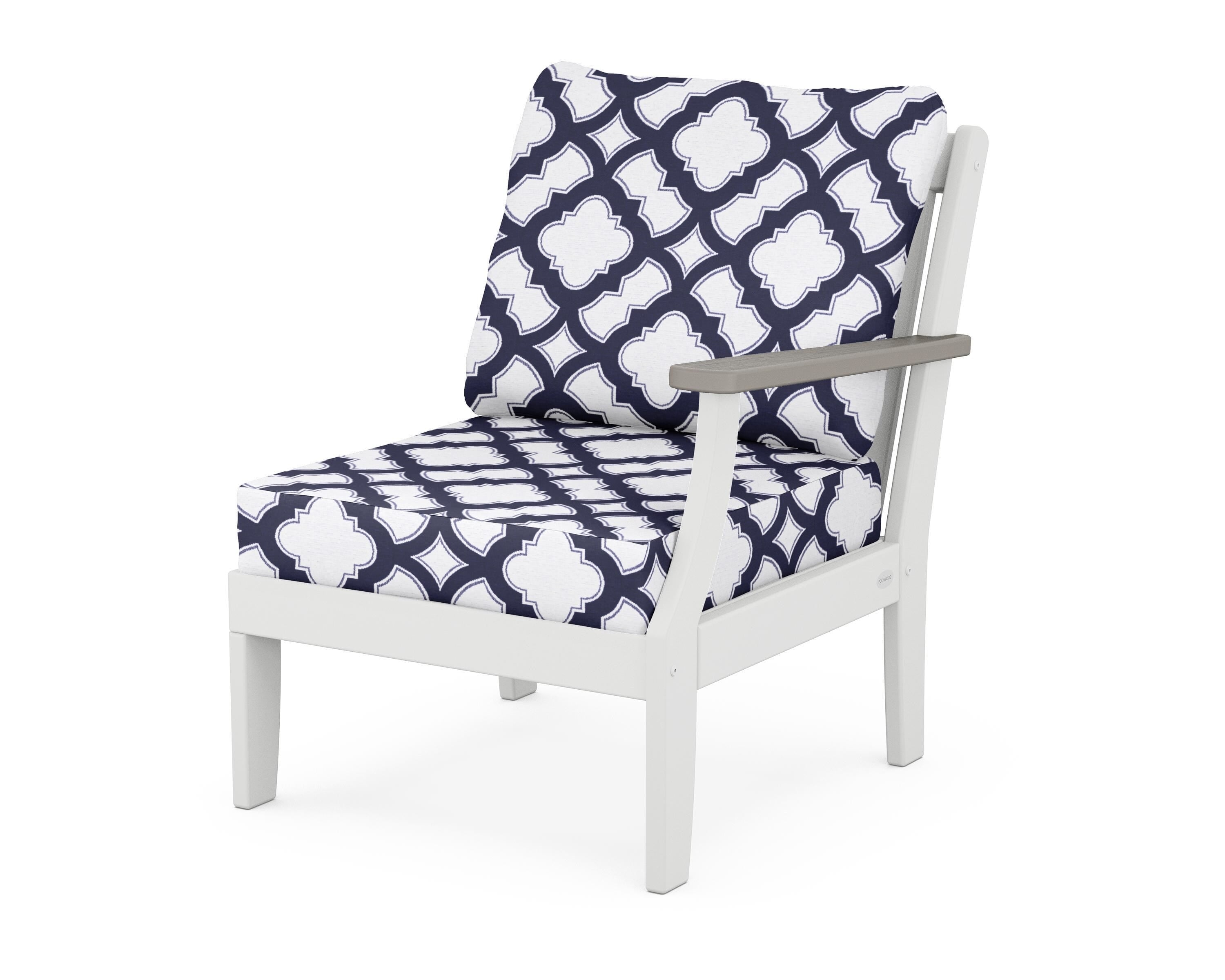 POLYWOOD® Braxton Modular Right Arm Chair in White / Driftwood / Trellis Navy