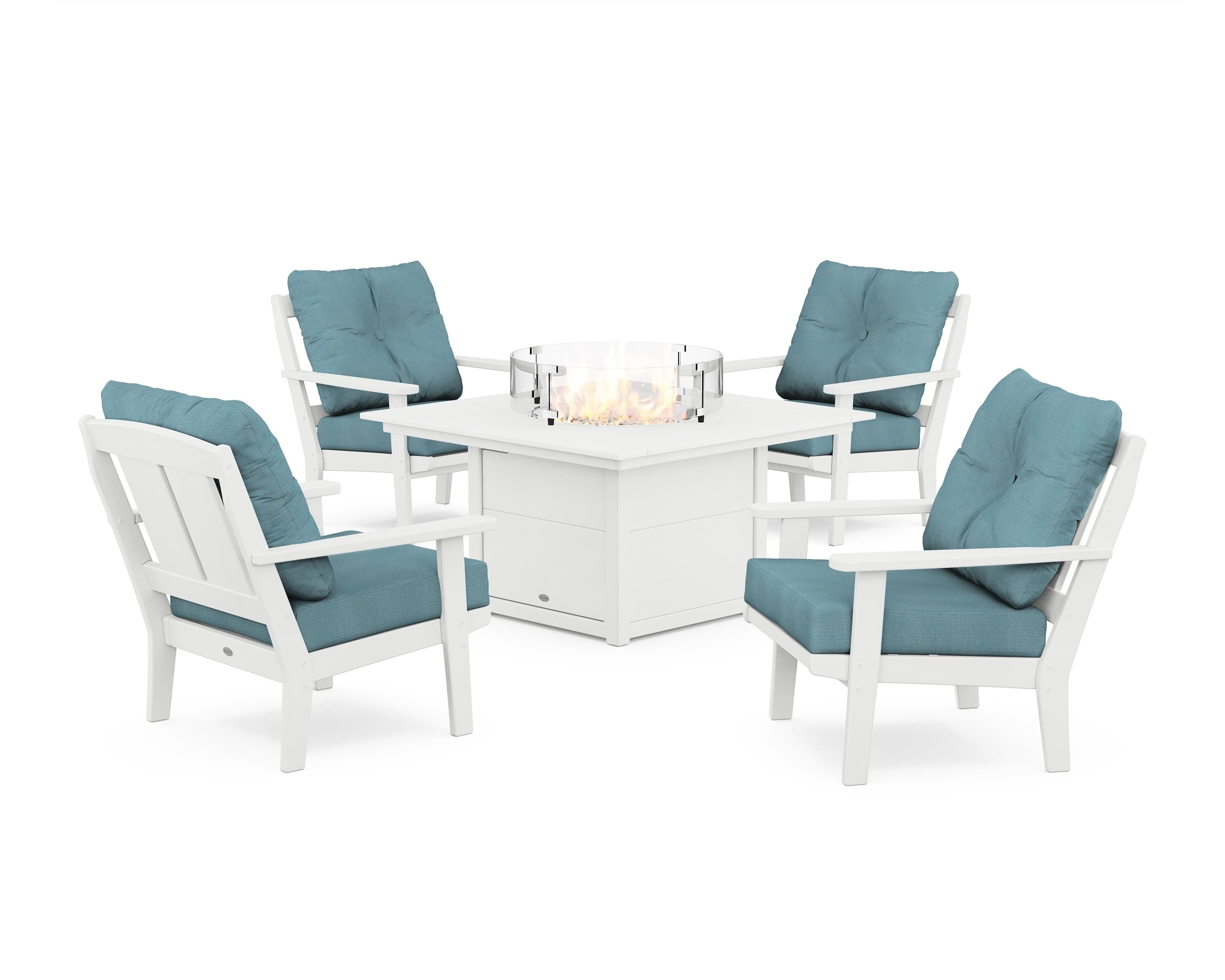 POLYWOOD® Mission 5-Piece Deep Seating Set with Fire Pit Table in White / Lattice Sky Blue