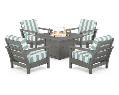 POLYWOOD® Harbour 5-Piece Conversation Set with Fire Pit Table in Slate Grey / Cabana Stripe Glacier Spa