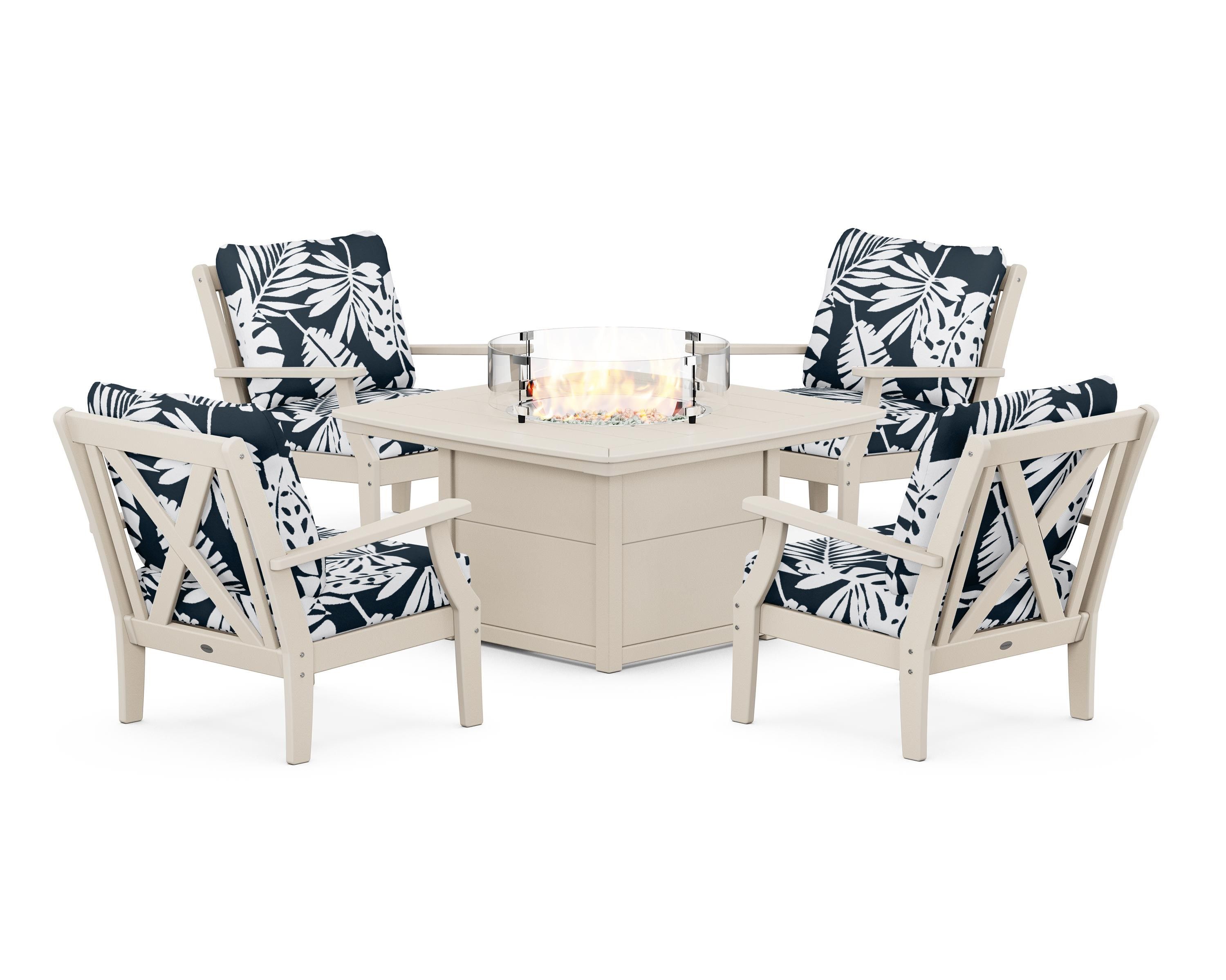 POLYWOOD® Braxton 5-Piece Deep Seating Conversation Set with Fire Pit Table in Sand / Leaf Marine Indigo
