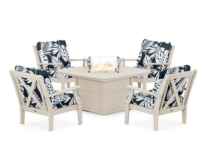 POLYWOOD® Braxton 5-Piece Deep Seating Conversation Set with Fire Pit Table in Sand / Leaf Marine Indigo