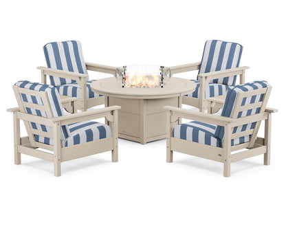 POLYWOOD® Club 5-Piece Conversation Set with Fire Pit Table in Sand / Cabana Stripe Sky Blue
