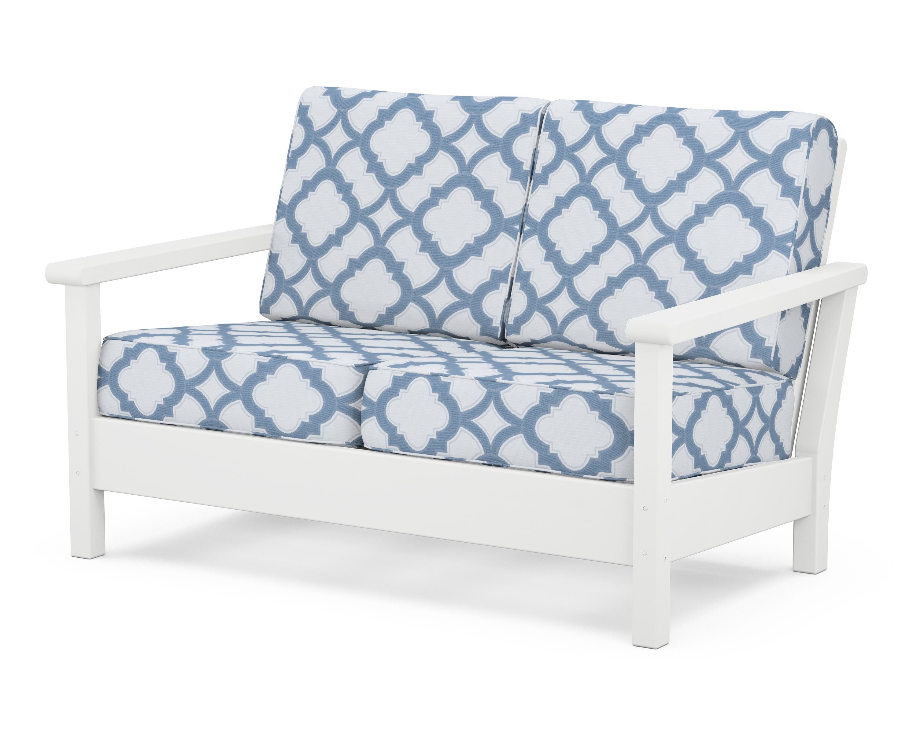 POLYWOOD® Harbour Deep Seating Loveseat in White / Trellis Sky Blue