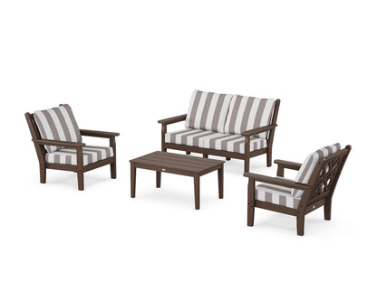 POLYWOOD® Chippendale 4-Piece Deep Seating Set with Loveseat in Mahogany / Cabana Stripe Grey Mist