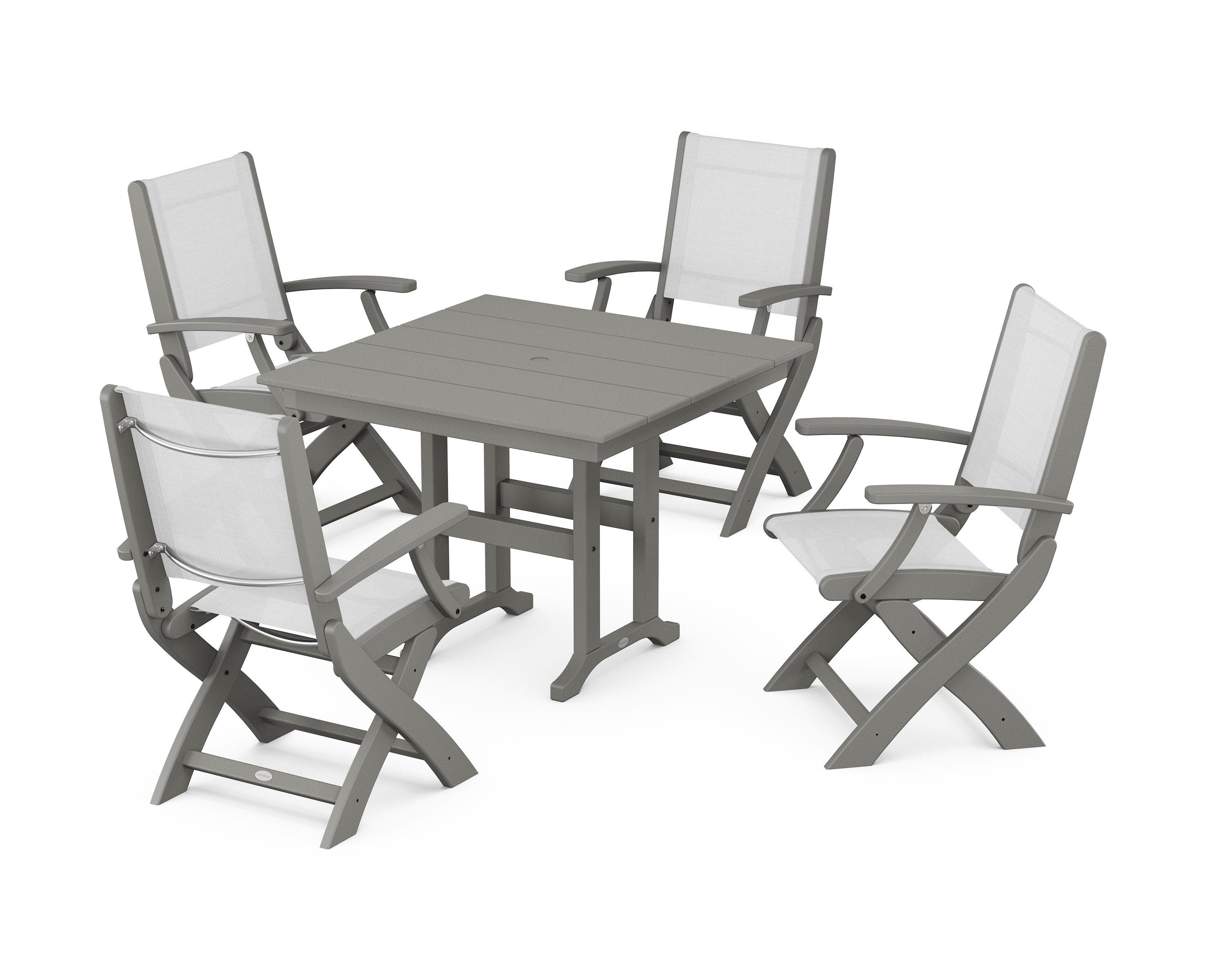 POLYWOOD® Coastal Folding Chair 5-Piece Farmhouse Dining Set in Slate Grey / White Sling