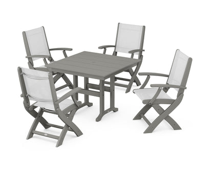 POLYWOOD® Coastal Folding Chair 5-Piece Farmhouse Dining Set in Slate Grey / White Sling