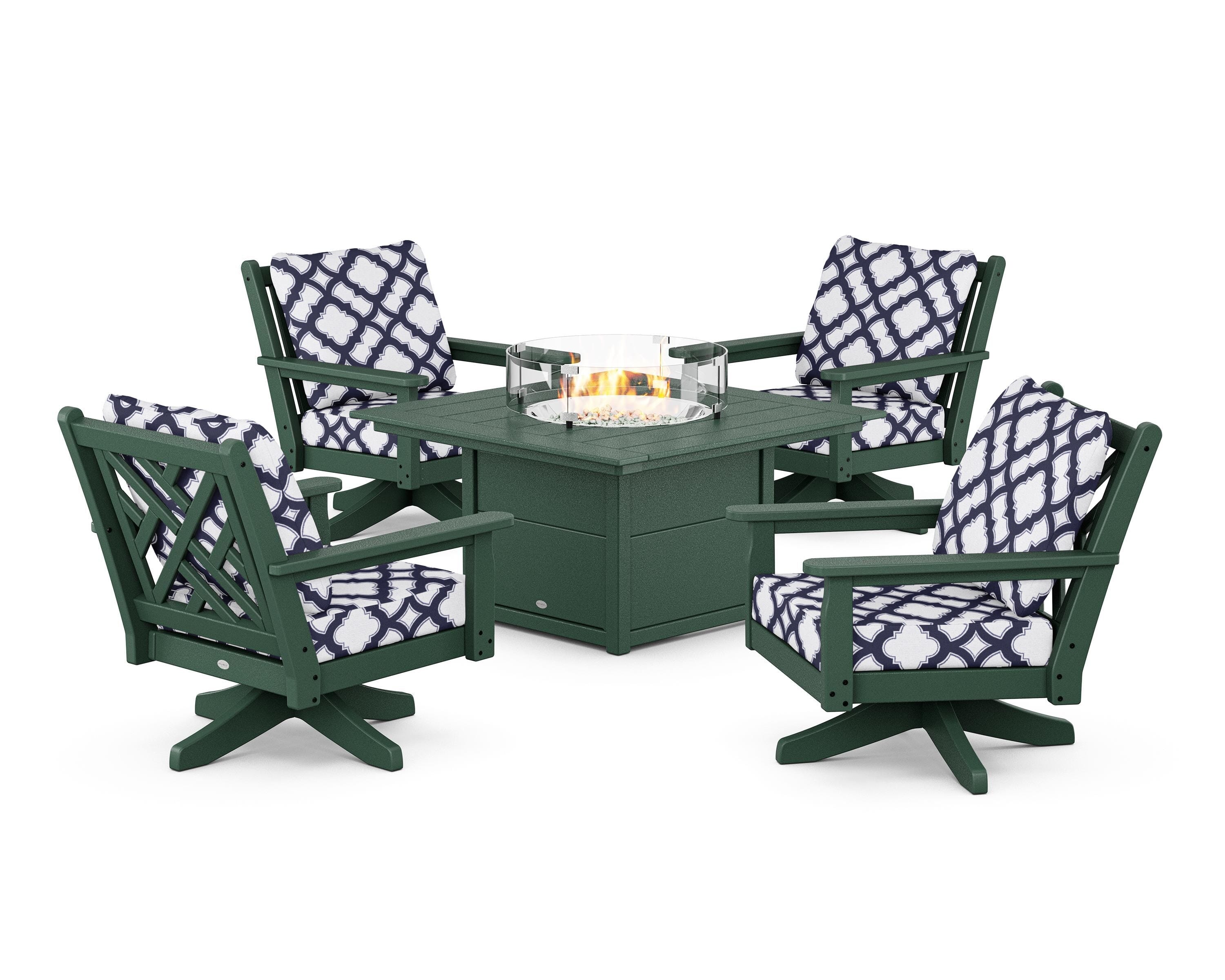 POLYWOOD® Chippendale 5-Piece Deep Seating Swivel Conversation Set with Fire Pit Table in Green / Trellis Navy