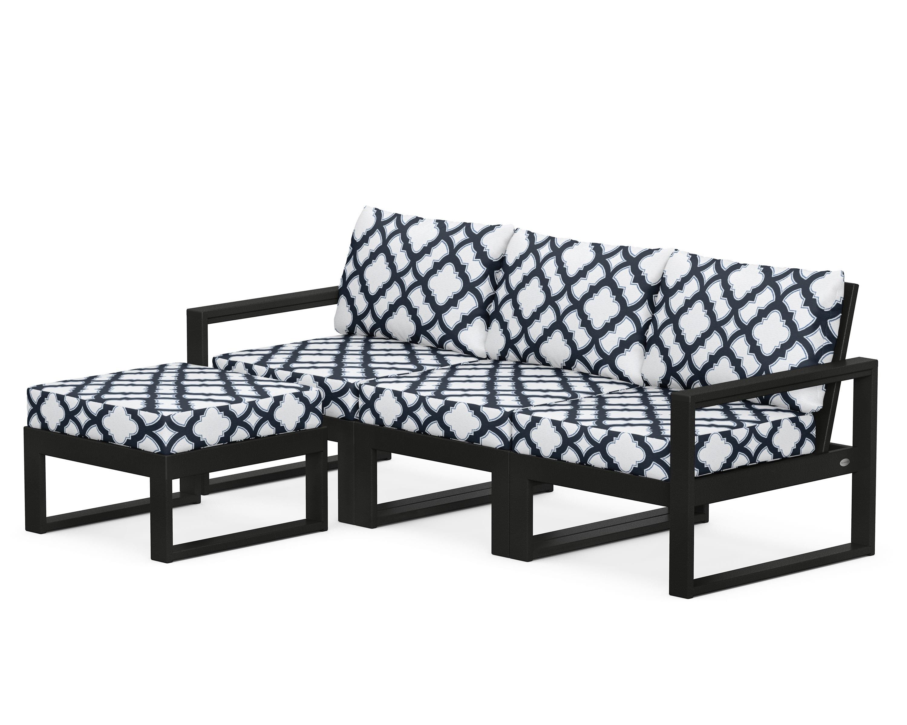 POLYWOOD® EDGE 4-Piece Modular Deep Seating Set with Ottoman in Black / Trellis Marine Indigo