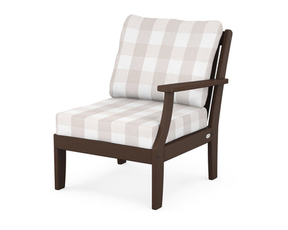 POLYWOOD® Braxton Modular Right Arm Chair in Mahogany / Buffalo Plaid Dune Burlap